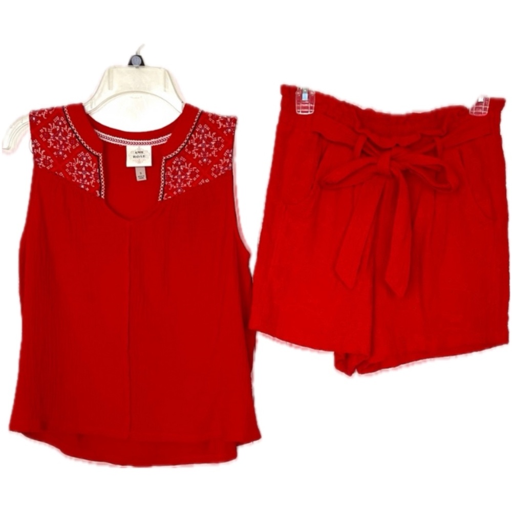 Knox Rose Embroidered 2 piece Paper Bag Short Set, Small Red Women 100% cotton